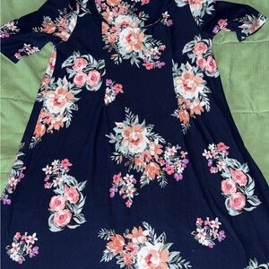 Pink Rose Navy Dress with Floral Design